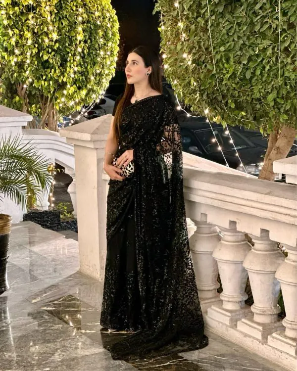 Perfectly Formed Black Color Georgette Adornment of Sequence work Lace Saree