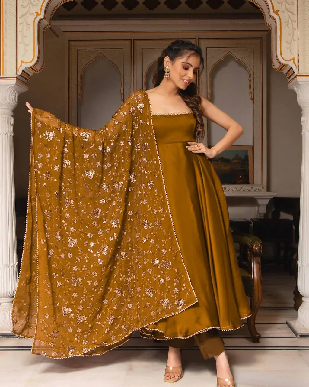 SRK 5128 Coffee Color Heavy Faux Georgette With Fully Flair Salwar Suit Wedding, Party, Festive, Events Expected Delivery 4-6 Working Days @ 1899/- | Jump Suits, Salwar suit, Casual Suits, Creative suits, Designer Suits, Palazzo Suits, Party Wear Suits, Patiala Suits, Straight Suits