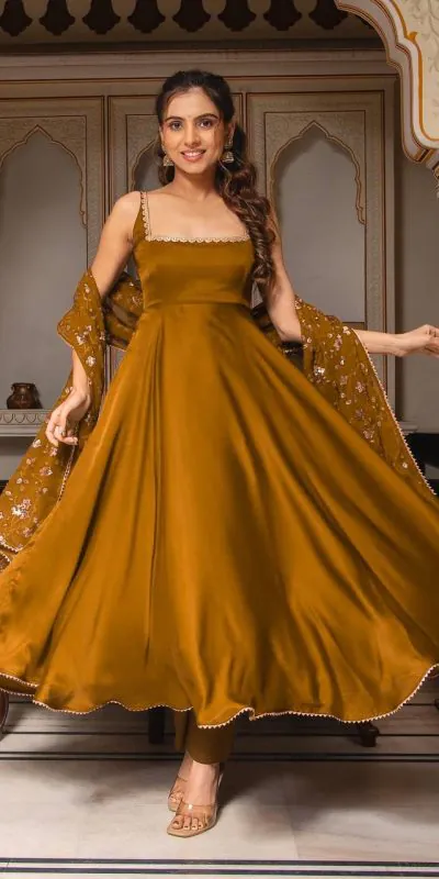 Gorgeous Coffee Heavy Faux Georgette With Fully Flair Salwar Suit