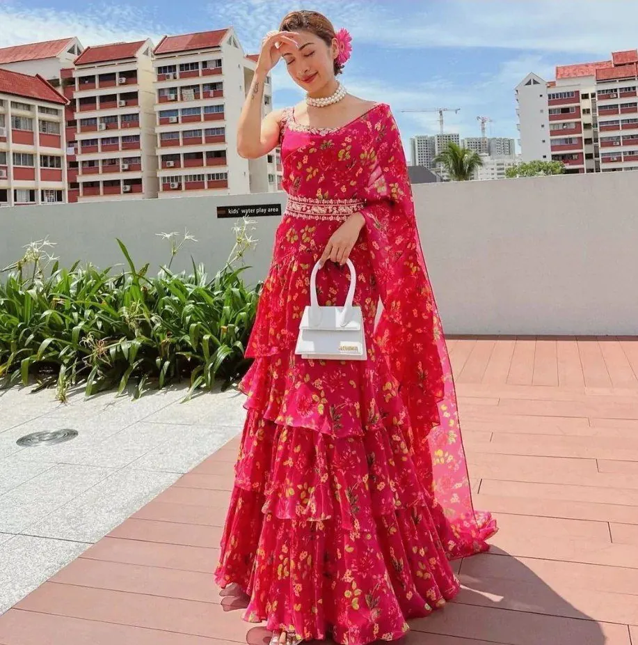 RC 233 Pink Color Georgette Silk Printed With Ruffle Layer Lehenga Choli Casual, Party Wedding, Festive, Events Etc. Delivery  4-6 Working Days 1999/- | Lehenga, Bollywood Lehenga, Creative Lehenga, Designer Lehenga, Embroidered Lehenga, Party Wear Lehenga