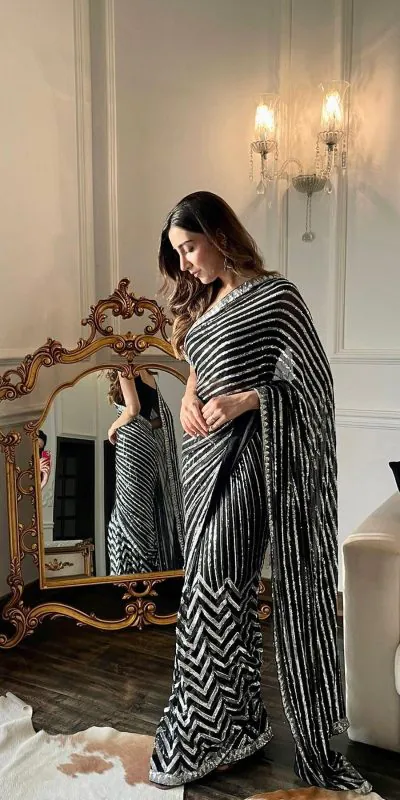 Special Black & White Color Georgette Embroidery Sequence Work Saree