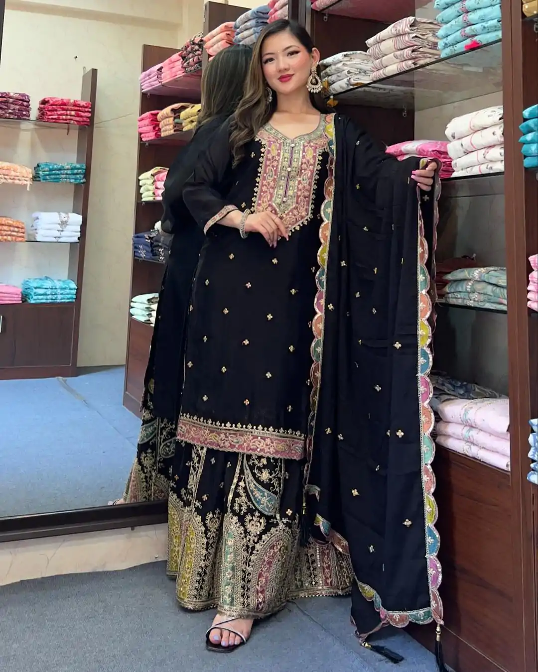 ZF 377 Black Color Chinnon Silk Embroidery Sequence Salwar Suit Casual, Wedding, Party, Events Etc. Expected Delivery 4-6 Working Days 2499/- | Jump Suits, Salwar suit, Casual Suits, Creative suits, Designer Suits, Palazzo Suits, Party Wear Suits, Patiala Suits, Straight Suits
