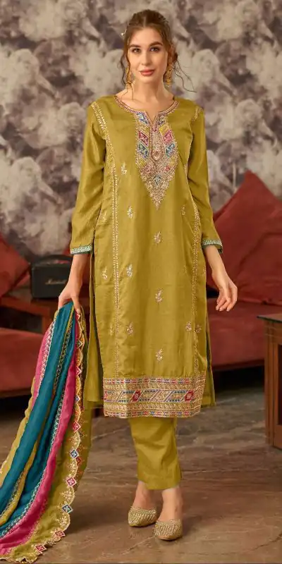 Fancy Mustard Vichitra Embroidery Codding Sequence Salwar Suit