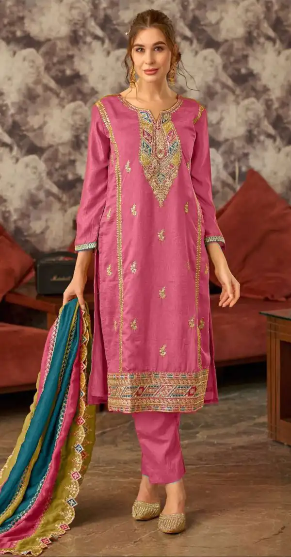 Fancy Pink Color Vichitra Embroidery Codding Sequence Work Salwar Suit