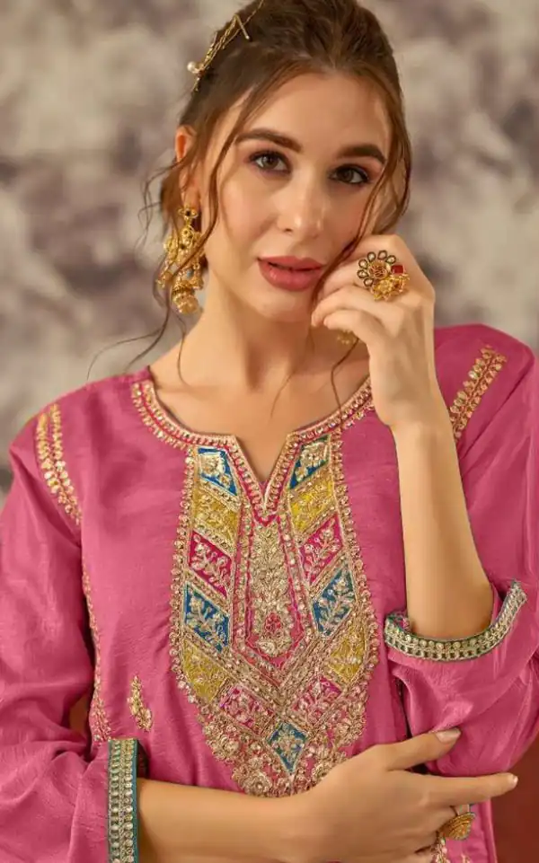 Fancy Pink Color Vichitra Embroidery Codding Sequence Work Salwar Suit