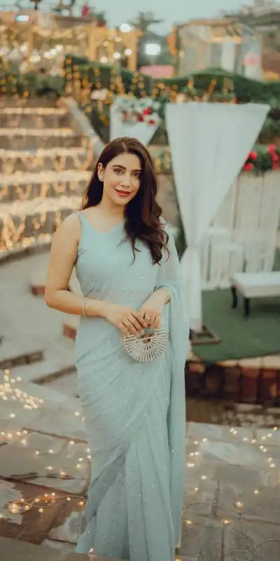 Grand Light Blue Color Georgette Sirvoski Support Lace Saree