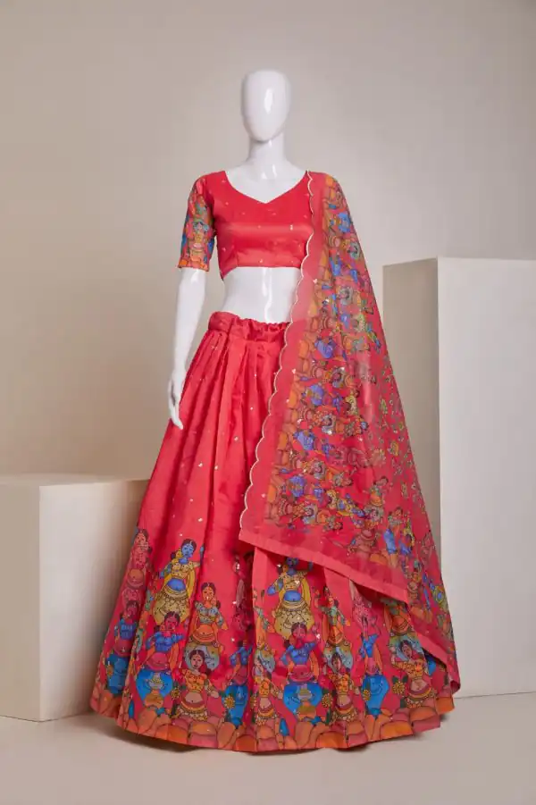 Nice Red Color Silk Embroidery Sequins Amazing Print Lehenga Choli