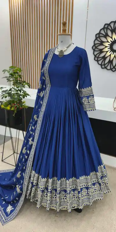 ZSR 3069 Royal Blue Color Chinon Silk Embroidery Sequence Gown Casual, Wedding, Party, Festive, Events Etc. Expected Delivery 4-6 Working Days 2049/- | Gowns, Bollywood Gowns, Creative Gowns, Designer Gowns, Embroidered Gowns, Party Wear Gowns