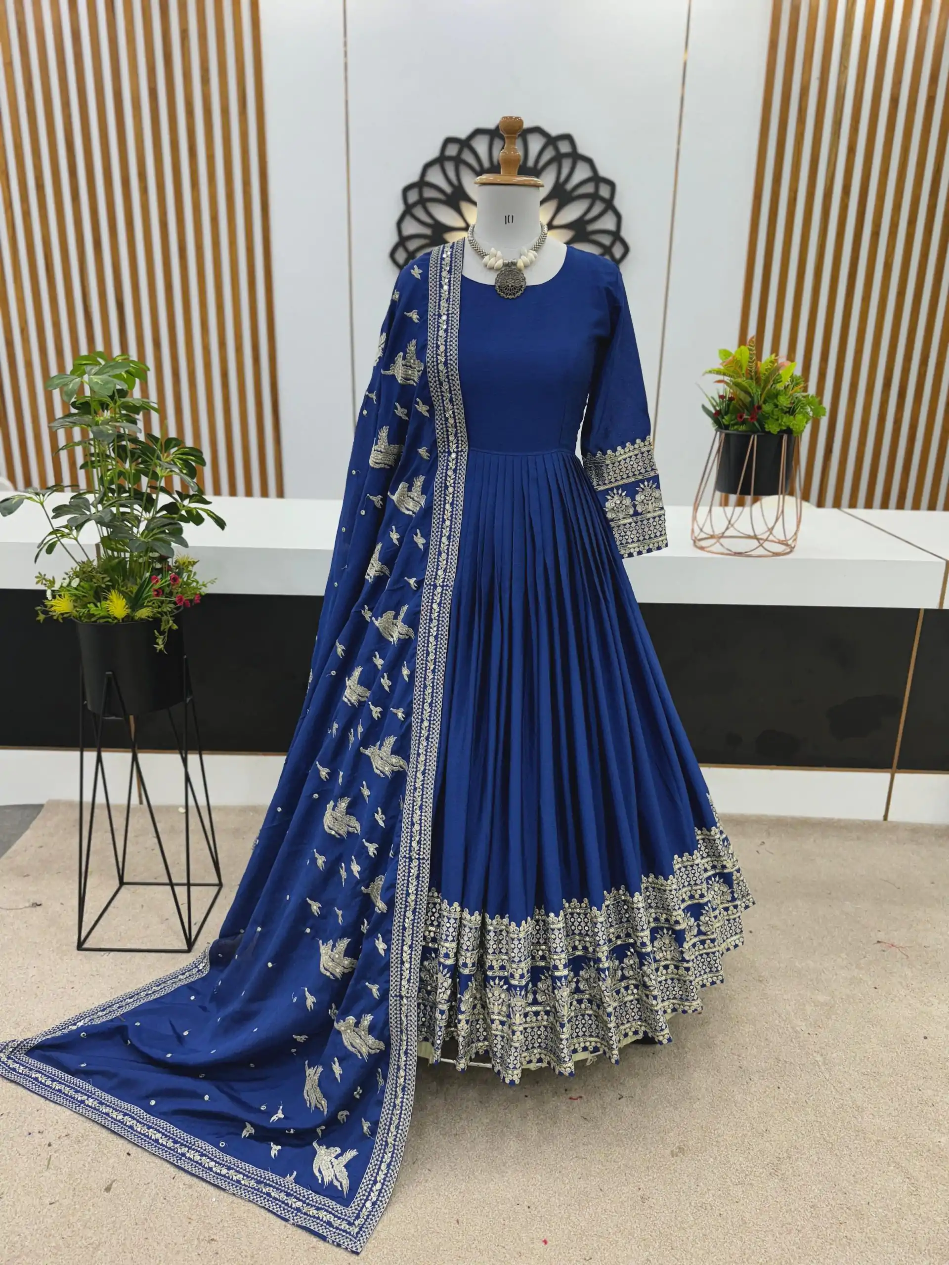 ZSR 3069 Royal Blue Color Chinon Silk Embroidery Sequence Gown Casual, Wedding, Party, Festive, Events Etc. Expected Delivery 4-6 Working Days 2049/- | Gowns, Bollywood Gowns, Creative Gowns, Designer Gowns, Embroidered Gowns, Party Wear Gowns