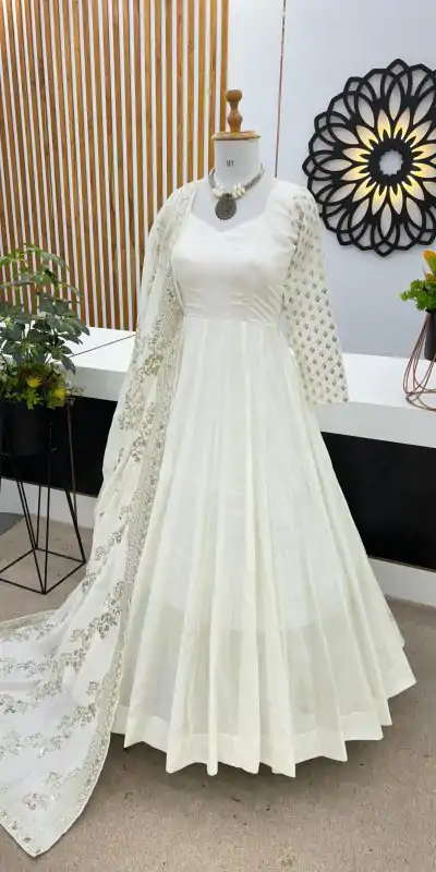 Aglow White Color Chinon Silk Embroidery Sequence Work Gown