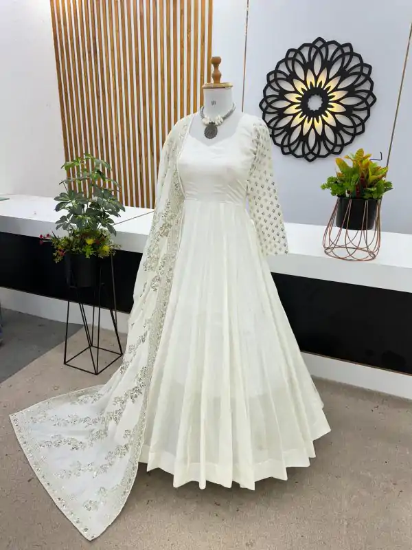 Aglow White Color Chinon Silk Embroidery Sequence Work Gown