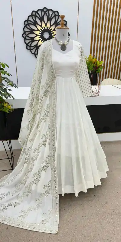 Aglow White Color Chinon Silk Embroidery Sequence Work Gown
