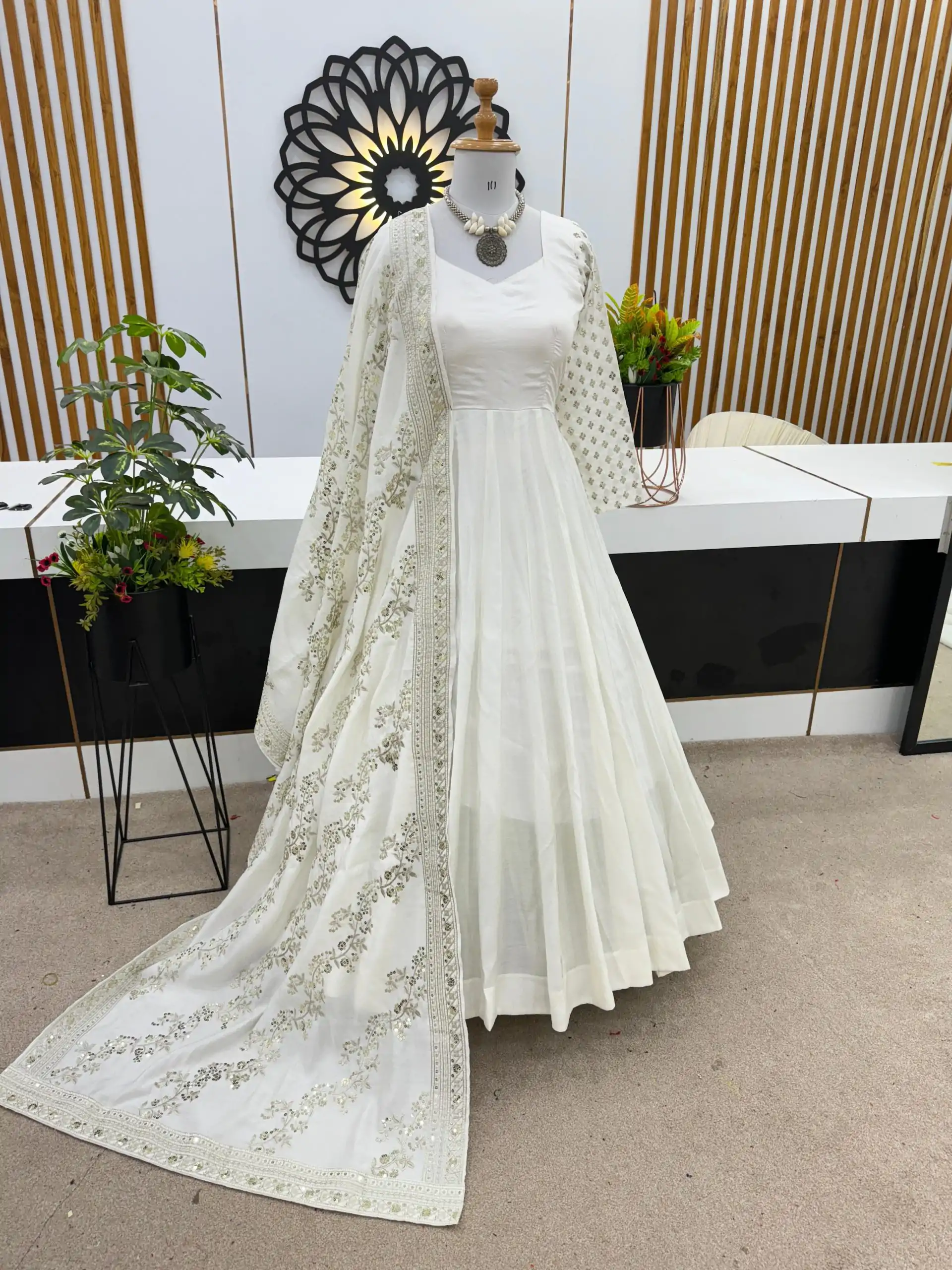 ZF 378 White Color Chinon Silk Embroidery Sequence Work Gown Casual, Wedding, Party, Festive, Events Etc. Expected Delivery 4-6 Working Days @2099/- | Gowns, Bollywood Gowns, Creative Gowns, Designer Gowns, Embroidered Gowns, Party Wear Gowns