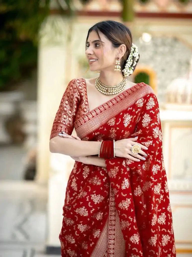 KP 5079 Red Color Soft Lichi Silk Jacquard On All Over Saree Casual, Party Wear, Wedding, Events Etc. Expected Delivery 4-6 Working Days @1449/- | Sarees, Bollywood Sarees, Creative Sarees, Designer Sarees, Embroidered Sarees, Ethnic Saree, Modern Digital sarees, Party Wear Sarees