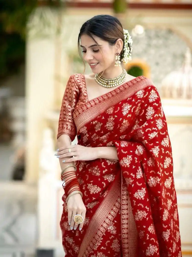 KP 5079 Red Color Soft Lichi Silk Jacquard On All Over Saree Casual, Party Wear, Wedding, Events Etc. Expected Delivery 4-6 Working Days @1449/- | Sarees, Bollywood Sarees, Creative Sarees, Designer Sarees, Embroidered Sarees, Ethnic Saree, Modern Digital sarees, Party Wear Sarees