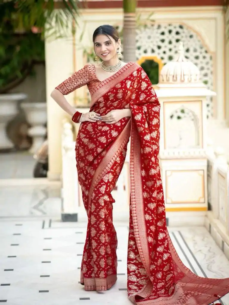 KP 5079 Red Color Soft Lichi Silk Jacquard On All Over Saree Casual, Party Wear, Wedding, Events Etc. Expected Delivery 4-6 Working Days @1449/- | Sarees, Bollywood Sarees, Creative Sarees, Designer Sarees, Embroidered Sarees, Ethnic Saree, Modern Digital sarees, Party Wear Sarees