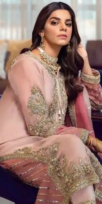 Aglow Light Peach Georgette Embroidery Sequence Salwar Suit