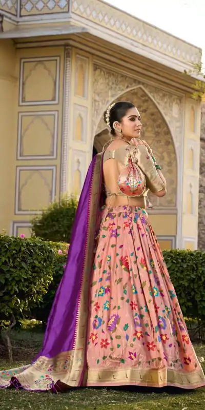 Artful Peach Color Jacquard Silk Weaving Zari Lehenga Choli