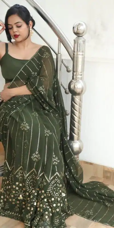 JR 609 Green Color Georgette Embroidery Sequence Saree Casual, Wedding, Festive, Events Expected Delivery 4-6 Working Days @1749/- | Sarees, Bollywood Sarees, Creative Sarees, Designer Sarees, Embroidered Sarees, Ethnic Saree, Modern Digital sarees, Party Wear Sarees