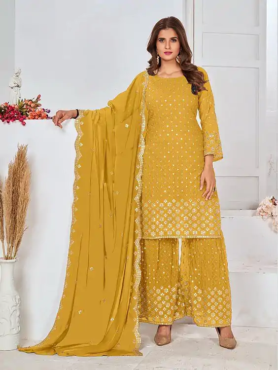 Cute Yellow Color Georgette Embroidery Stone Sharara Suit