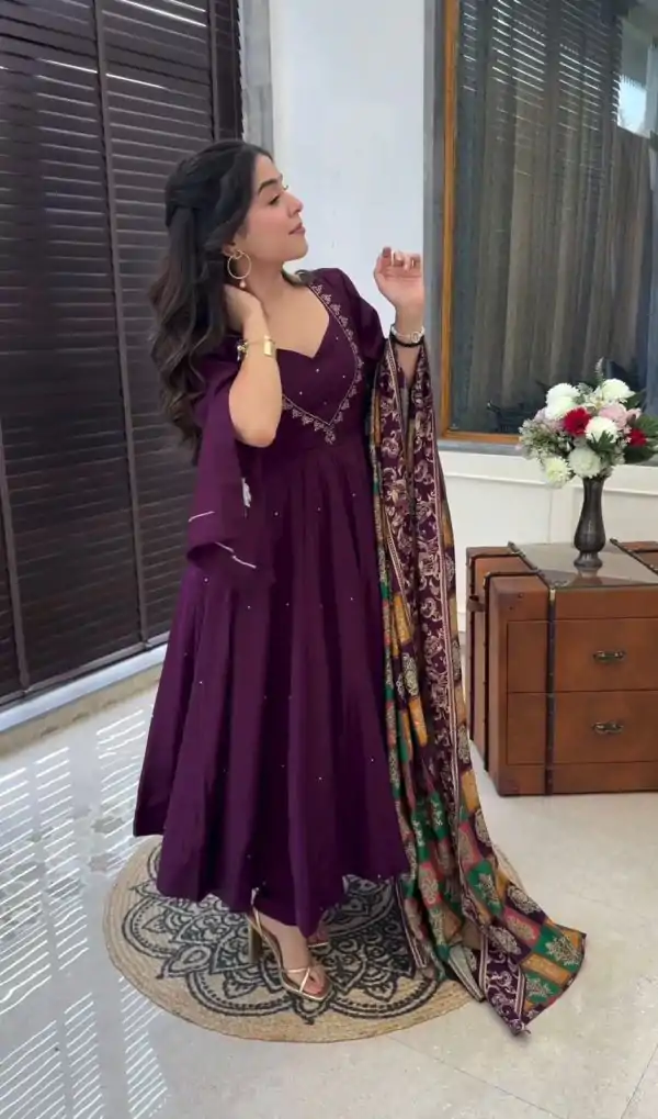 Peaceful Purple Color Chinnon Silk Embroidery Work Salwar Suit