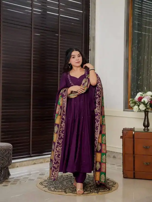 Peaceful Purple Color Chinnon Silk Embroidery Work Salwar Suit