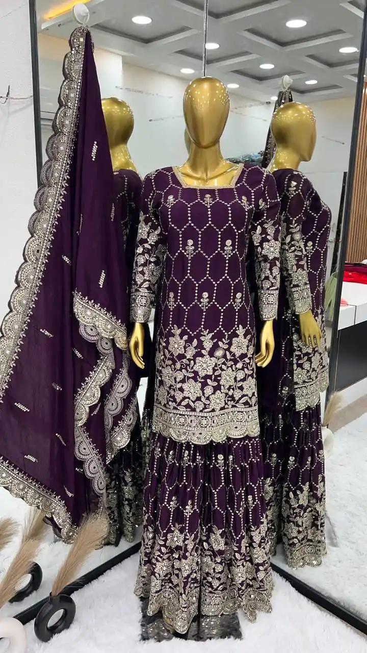 SR 1616 Purple Color Heavy Chinnon Silk Embroidery Work Sharara Suit Wedding, Party, Festive, Events Etc. Expected Delivery 4-6 Working Days @2199Only | Salwar suit, Casual Suits, Creative suits, Designer Suits, Palazzo Suits, Party Wear Suits, Straight Suits