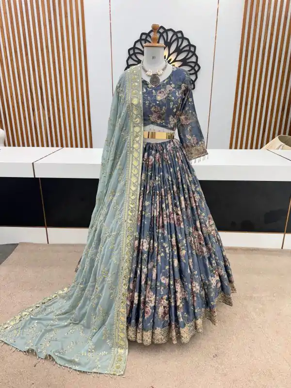 Superb Blue Color Chinon Silk Digital Printed Lehenga Choli