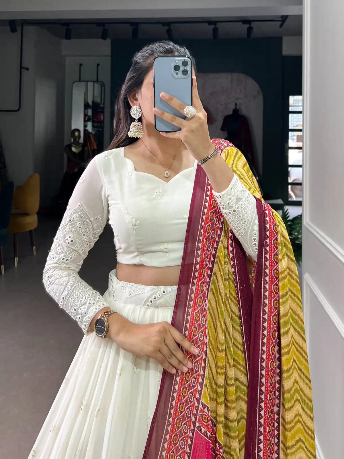 LNB 1500 White Color Georgette Lucknowi Paper Mirror Lehenga Choli Festive Party Wedding, Events etc. Delivery 4-6 Working Days @3499/- | Lehenga, Bollywood Lehenga, Creative Lehenga, Designer Lehenga, Embroidered Lehenga, Party Wear Lehenga