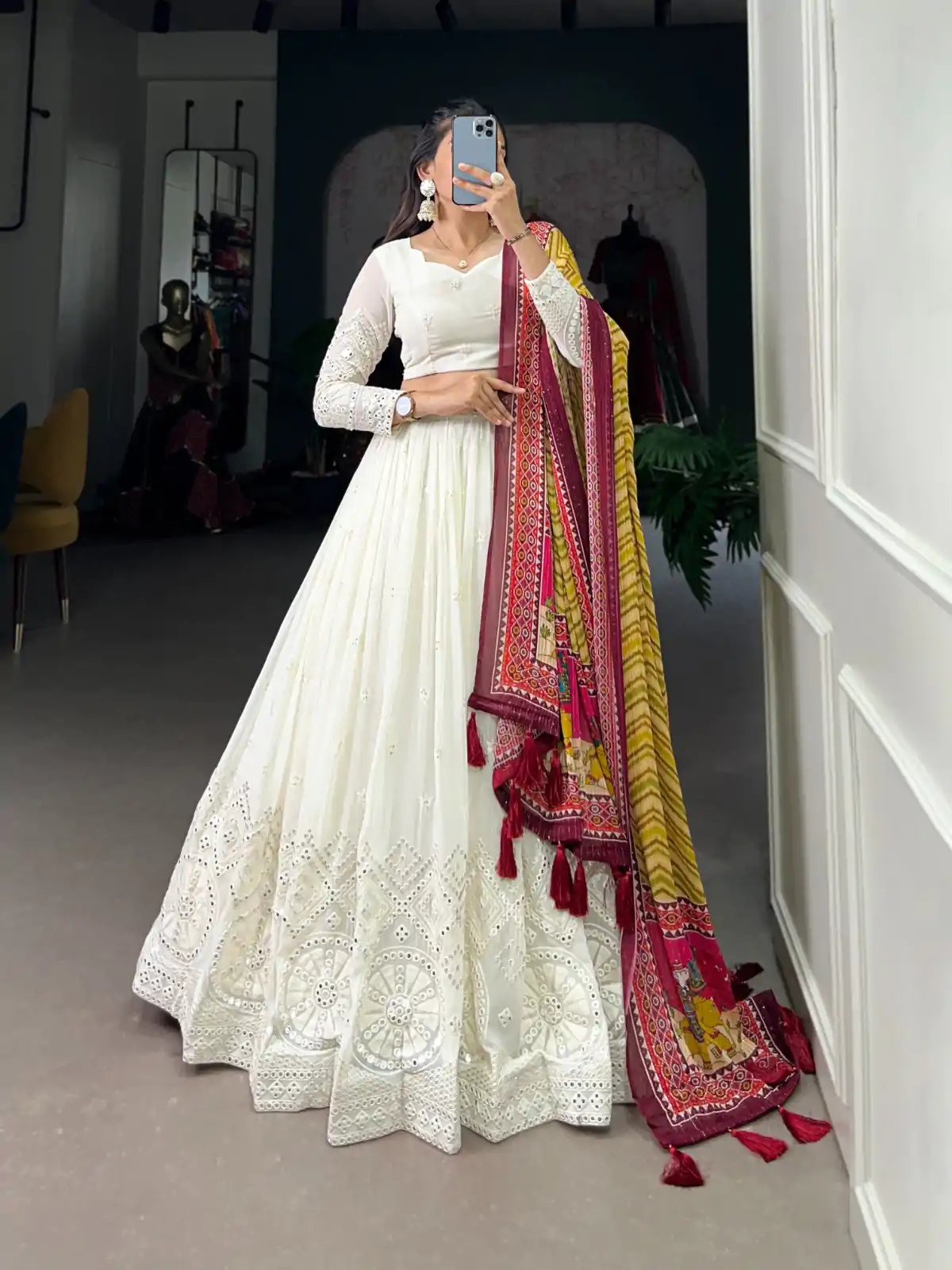 LNB 1500 White Color Georgette Lucknowi Paper Mirror Lehenga Choli Festive Party Wedding, Events etc. Delivery 4-6 Working Days @3499/- | Lehenga, Bollywood Lehenga, Creative Lehenga, Designer Lehenga, Embroidered Lehenga, Party Wear Lehenga
