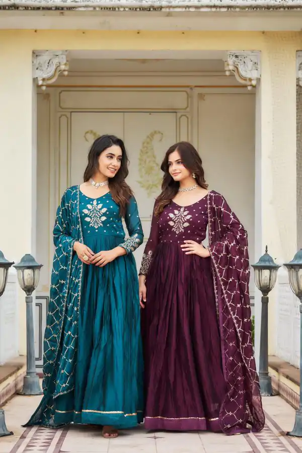 Majestic Blue Color Rangoli Sequence Embroidery Gown