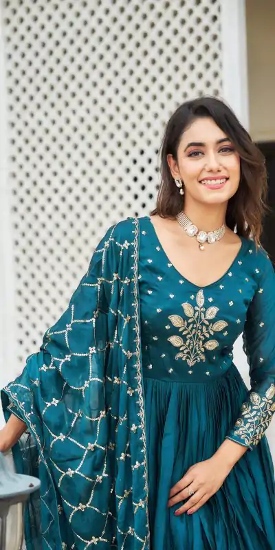 Majestic Blue Color Rangoli Sequence Embroidery Gown