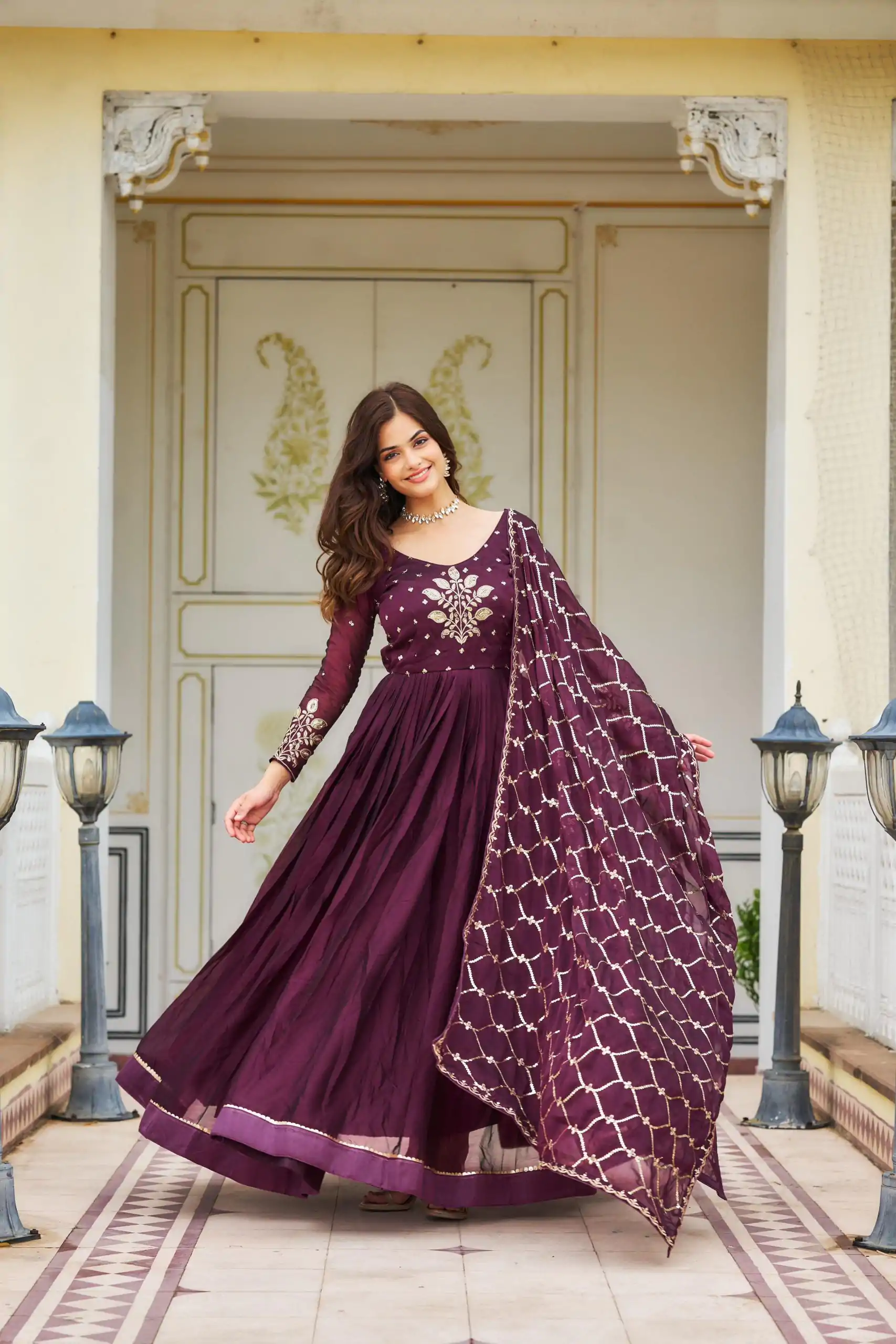 Ram 022 Purple Color Rangoli Sequence Embroidery Gown Casual, Wedding, Festive, Events Expected Delivery 4-6 Working Days @2099/- | Gowns, Bollywood Gowns, Creative Gowns, Designer Gowns, Embroidered Gowns, Party Wear Gowns