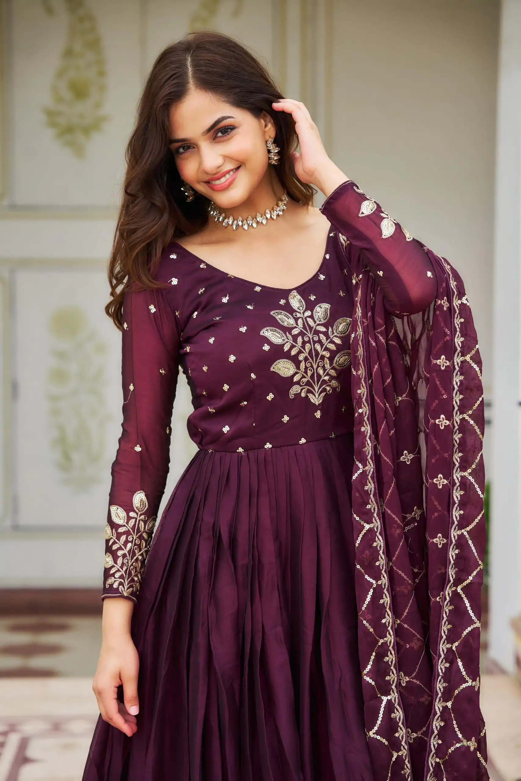 Ram 022 Purple Color Rangoli Sequence Embroidery Gown Casual, Wedding, Festive, Events Expected Delivery 4-6 Working Days @2099/- | Gowns, Bollywood Gowns, Creative Gowns, Designer Gowns, Embroidered Gowns, Party Wear Gowns