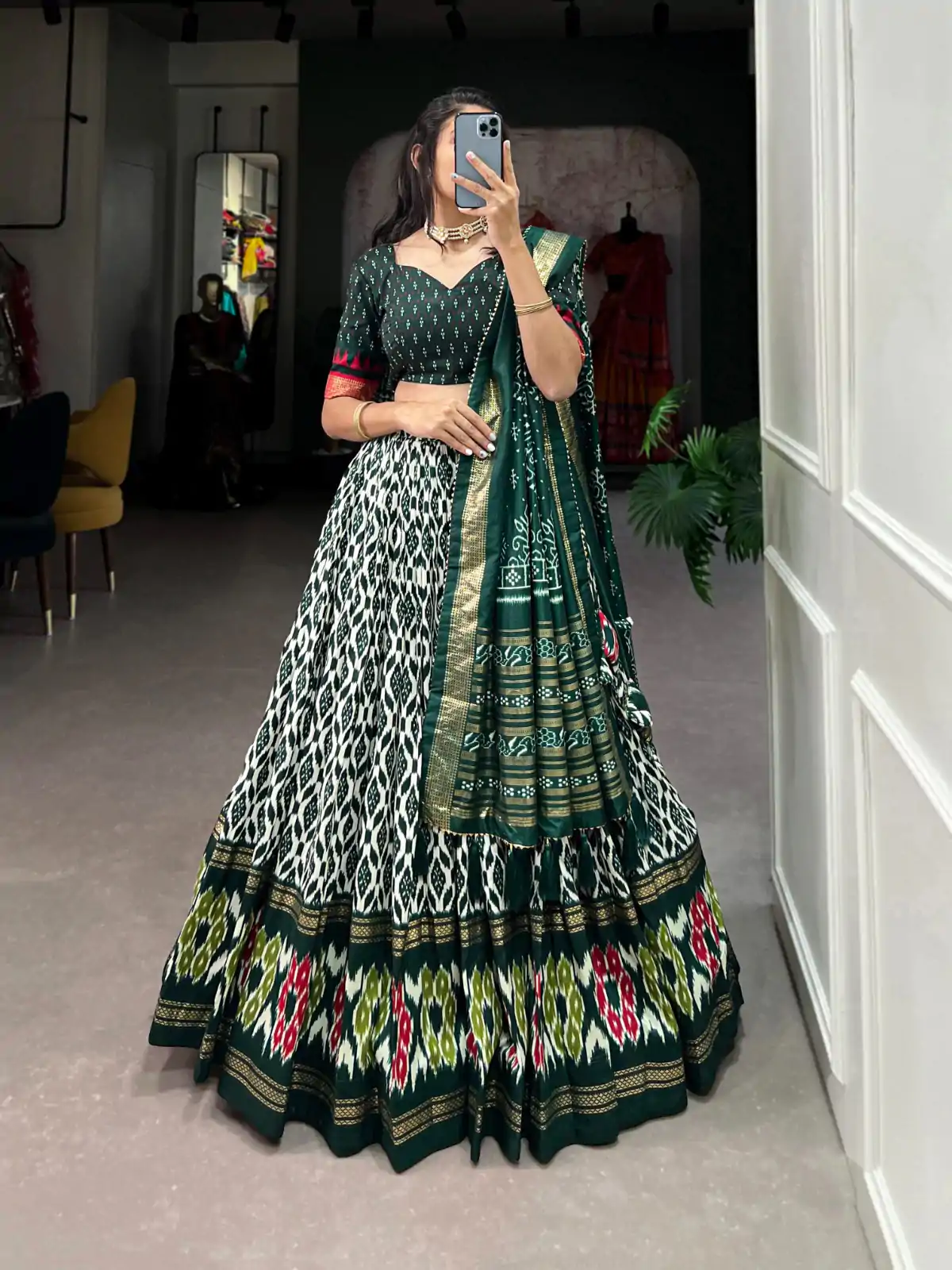 LNB 1223 Green Color Aglow Tussar Silk Ikkat Print Foil Work Lehenga Choli Wedding, Festive, Events Expected Delivery 4-6 Working Days@2449/- Only | Lehenga, Bollywood Lehenga, Creative Lehenga, Designer Lehenga, Embroidered Lehenga, Party Wear Lehenga