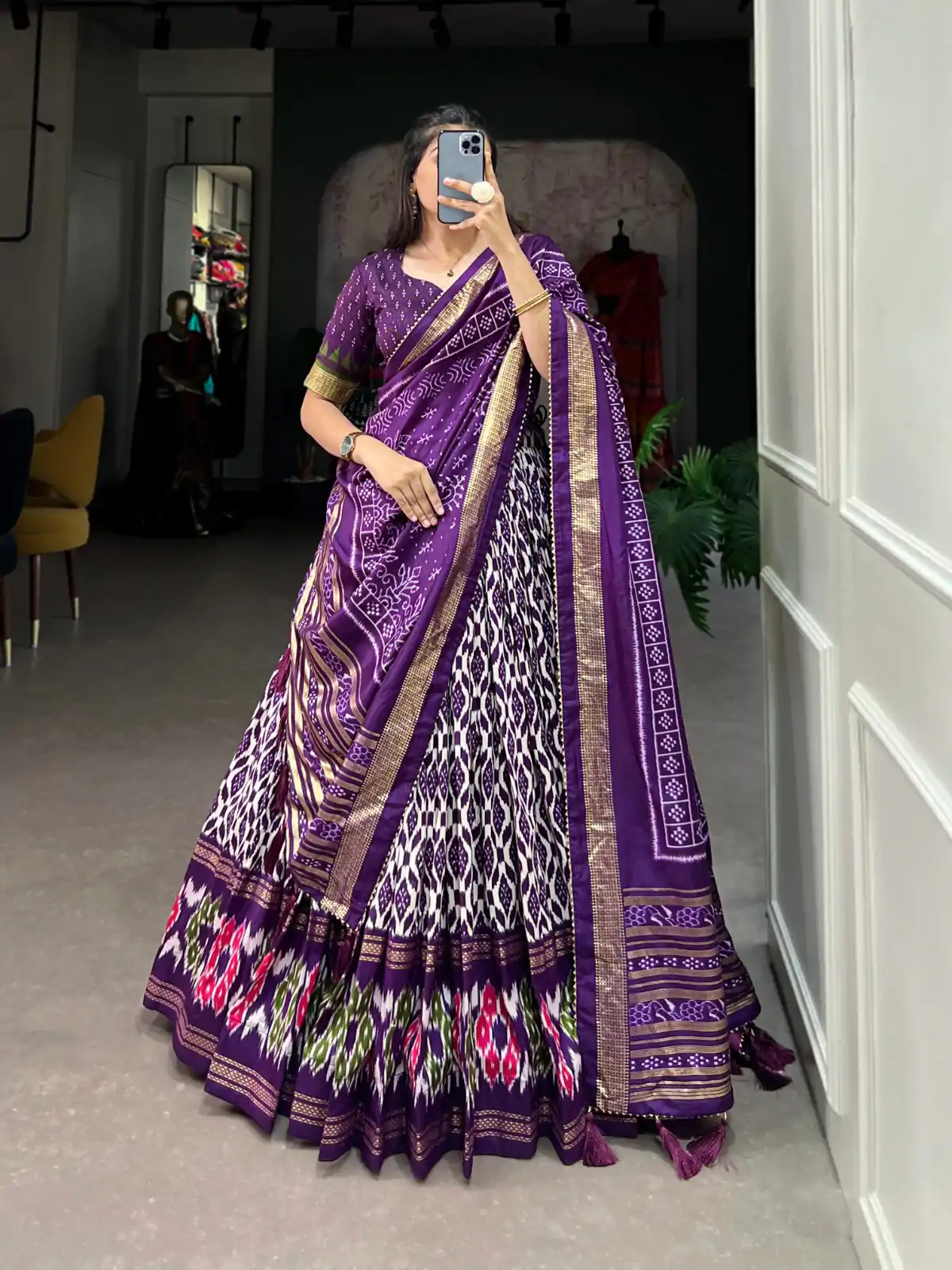 LNB 1223 Purple Color Aglow Tussar Silk Ikkat Print Foil Work Lehenga Choli Wedding, Festive, Events Expected Delivery 4-6 Working Days@2449/- Only | Lehenga, Bollywood Lehenga, Creative Lehenga, Designer Lehenga, Embroidered Lehenga, Party Wear Lehenga