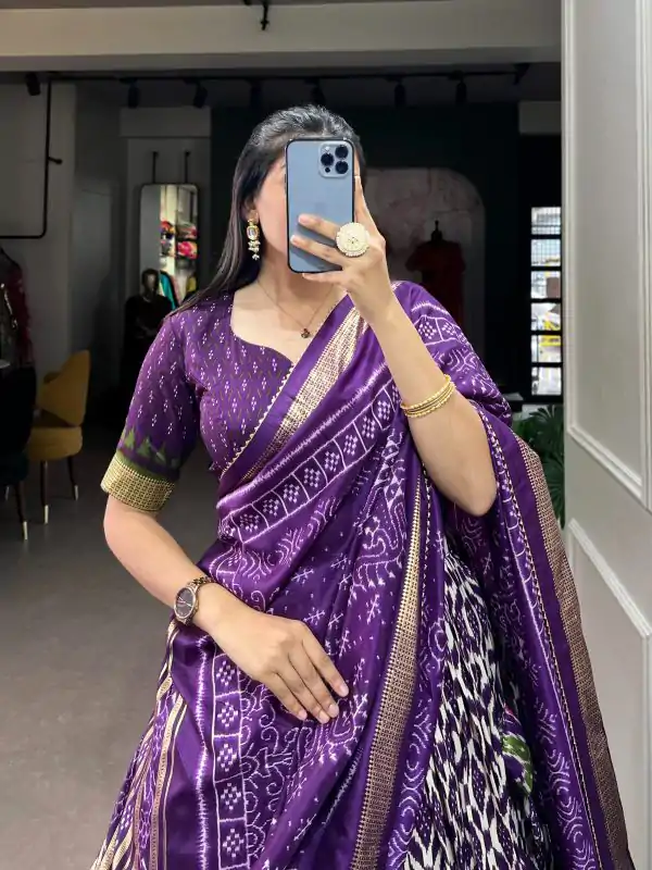 Aglow Purple Color Tussar Silk Ikkat Print Foil Work Lehenga Choli