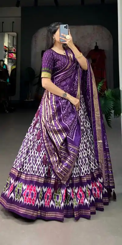 Aglow Purple Color Tussar Silk Ikkat Print Foil Work Lehenga Choli