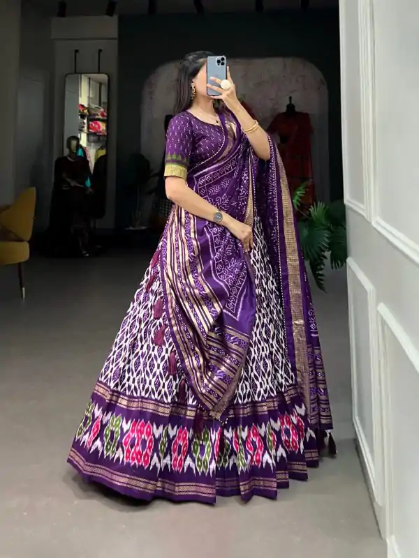 Aglow Purple Color Tussar Silk Ikkat Print Foil Work Lehenga Choli