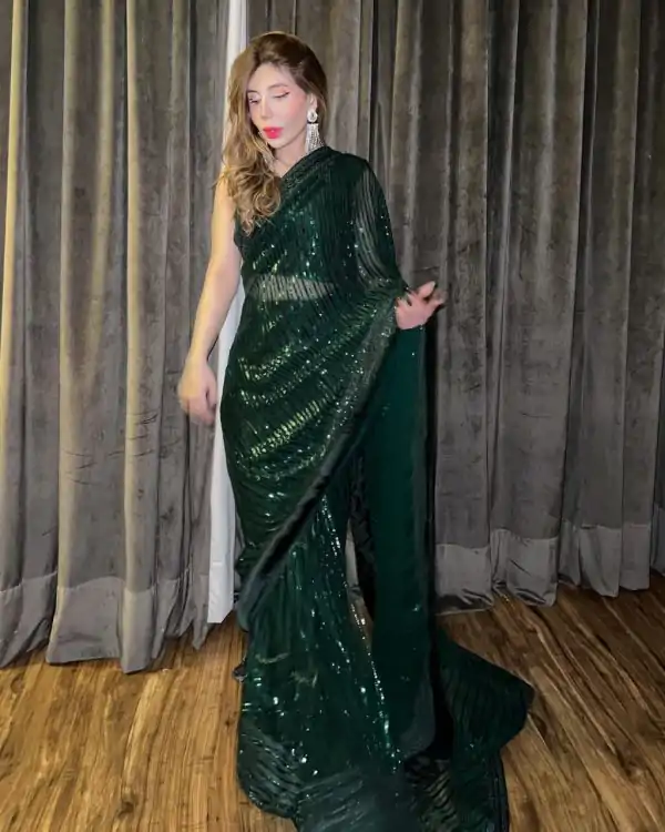 Attractive Green Sequin Georgette With Embroidery Work Saree