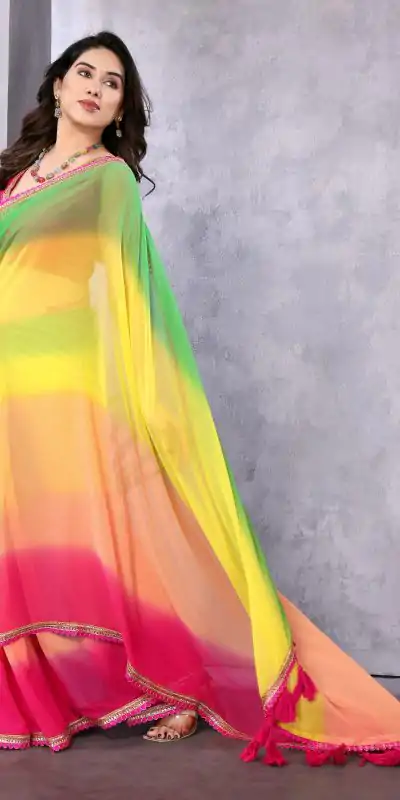Attractive In Green Pink Color Faux Peding Georgette Party Wear Saree