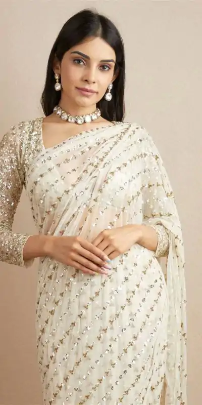 Graceful Gold Color Fox Georgette With Embroidery Work Saree