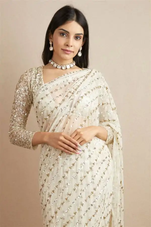 Graceful Gold Color Fox Georgette With Embroidery Work Saree