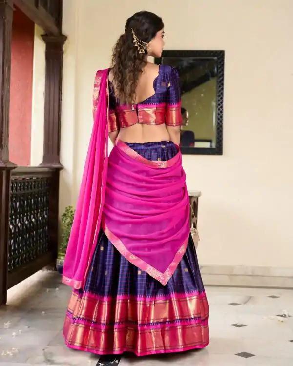 Graceful Navy Blue Color Cotton Silk Weaving Paithani Lehenga Choli