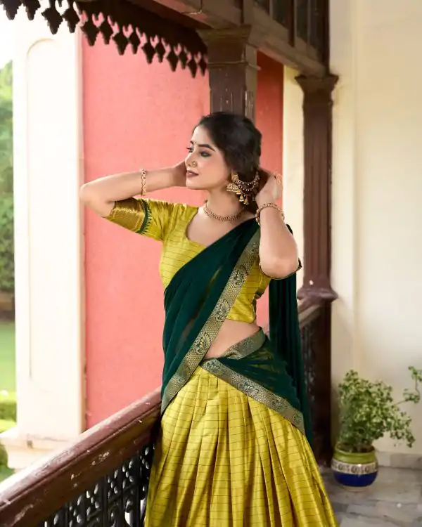 Graceful Parrot Green Color Cotton Silk Weaving Paithani Concept Lehenga Choli