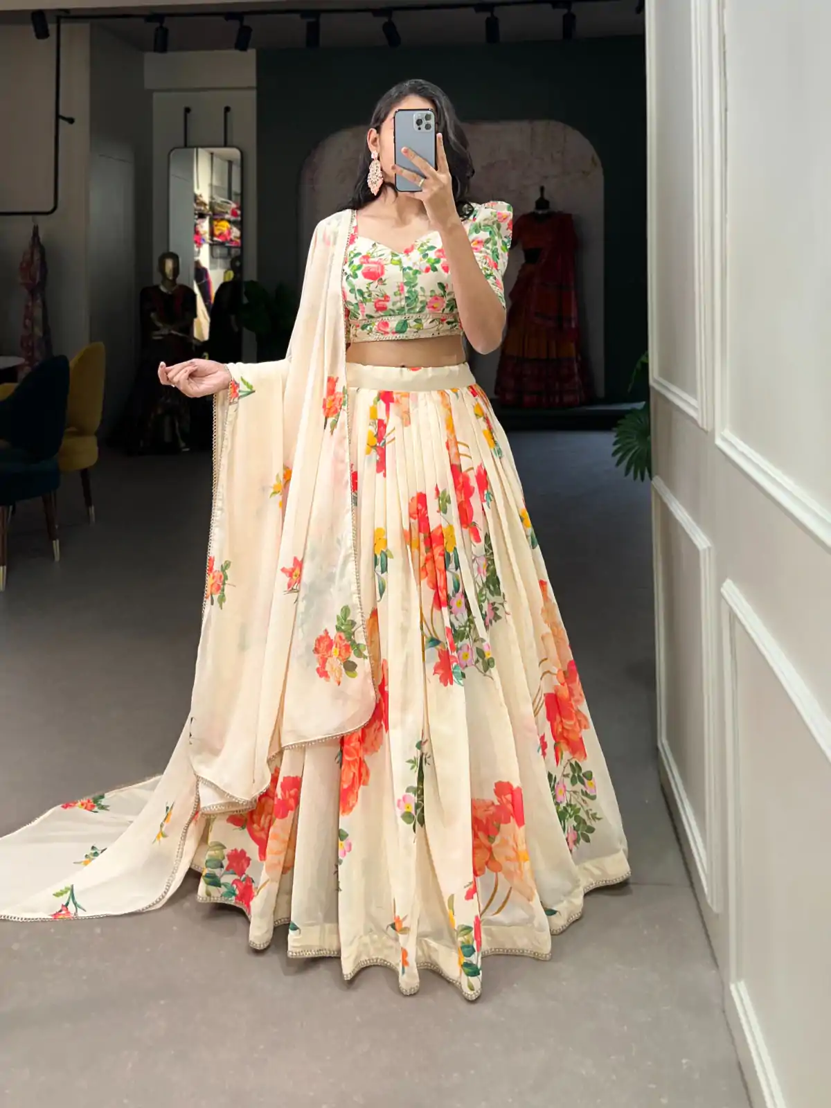 LNB 1021 Cream Color Grand Georgette Floral Printed Lehenga Choli Casual, Wedding, Festive, Events Expected Delivery 4-6 Working Days @2099/- | Lehenga, Bollywood Lehenga, Creative Lehenga, Designer Lehenga, Embroidered Lehenga, Party Wear Lehenga