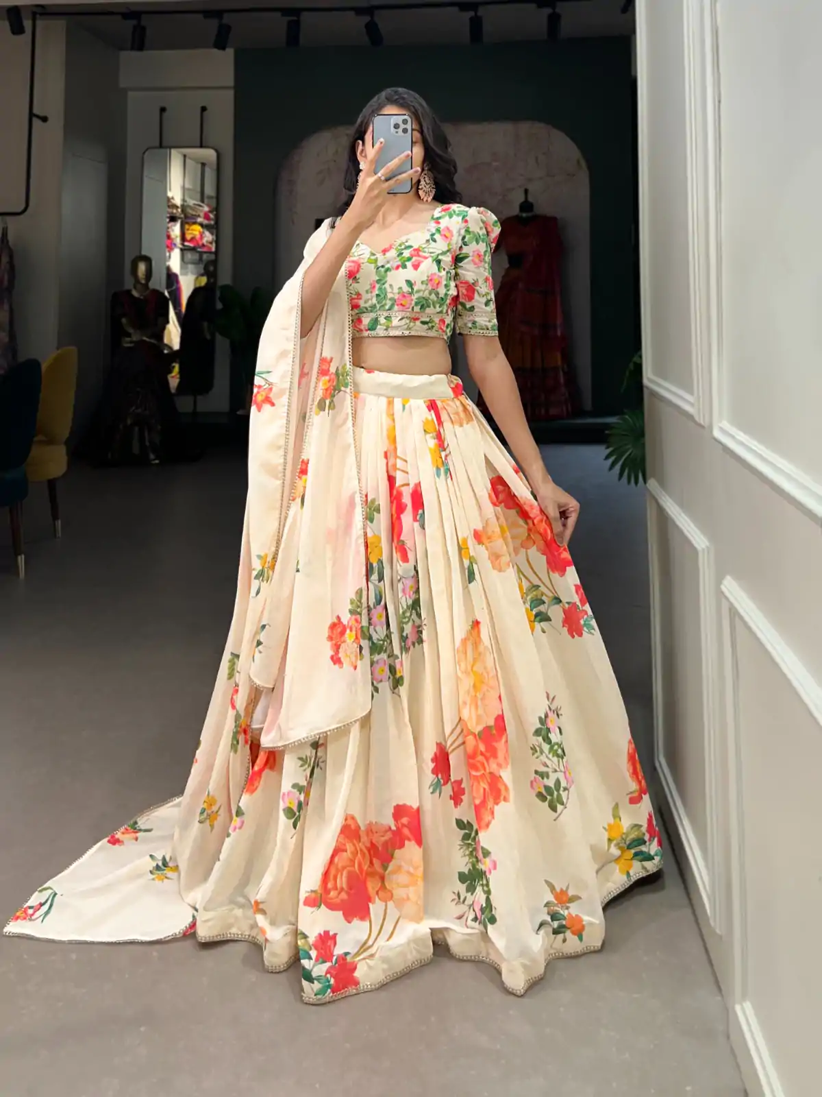 LNB 1021 Cream Color Grand Georgette Floral Printed Lehenga Choli Casual, Wedding, Festive, Events Expected Delivery 4-6 Working Days @2099/- | Lehenga, Bollywood Lehenga, Creative Lehenga, Designer Lehenga, Embroidered Lehenga, Party Wear Lehenga