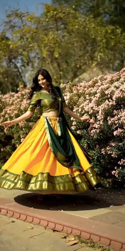 Peaceful Mustard Color Kanchipuram Zari Weaving Lehenga Choli