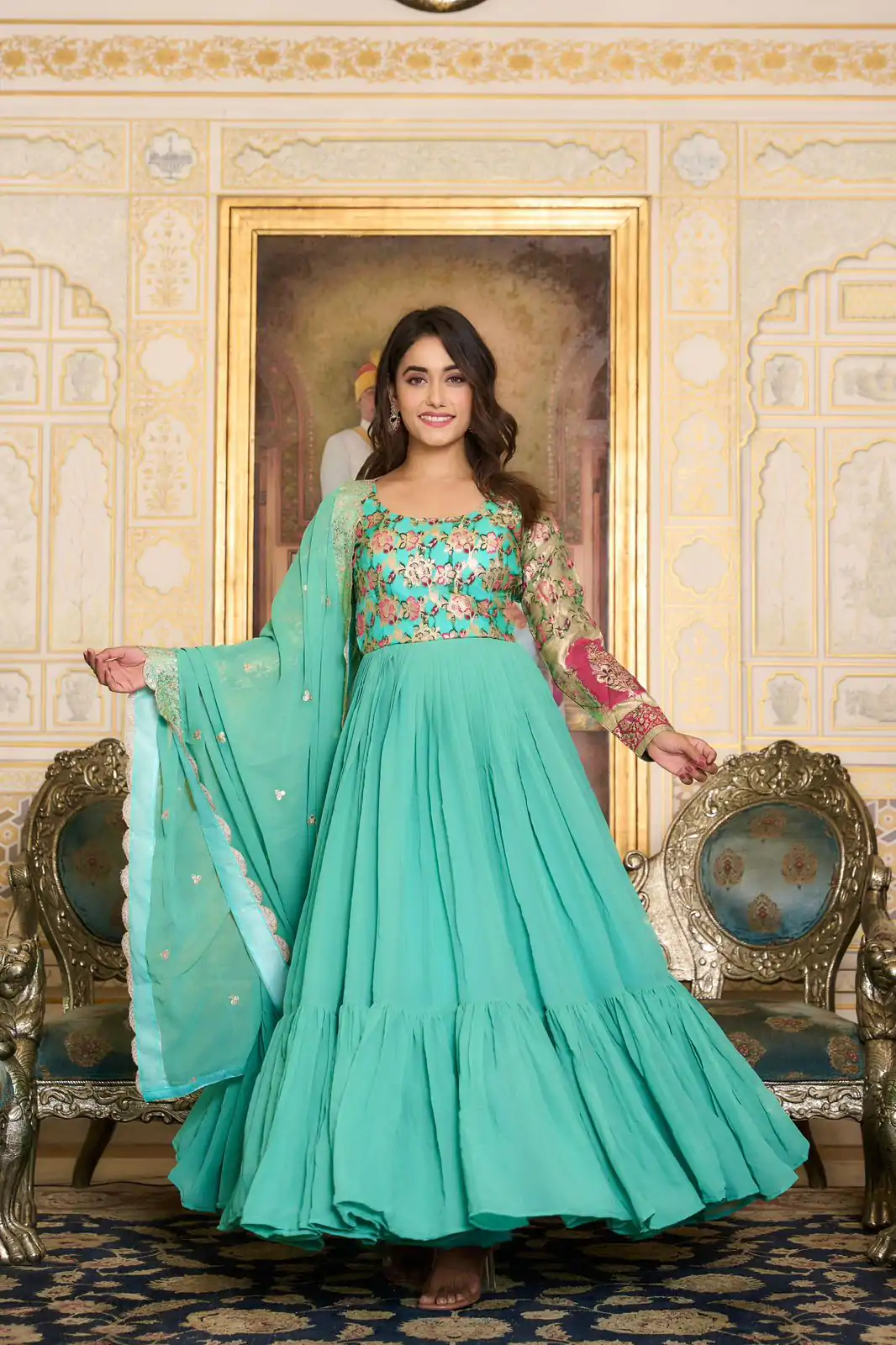  Ram 052 Sea Green Faux Color Fox Georgette Embroider Pure Zecard Work Gown Wedding Party, Festive, Events Etc.4-6 Working Days@2149/- only | Gowns, Bollywood Gowns, Creative Gowns, Designer Gowns, Embroidered Gowns, Party Wear Gowns, Straight Suits