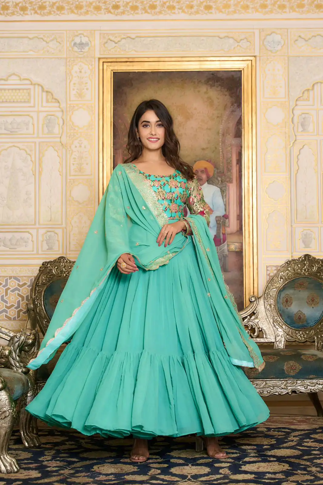  Ram 052 Sea Green Faux Color Fox Georgette Embroider Pure Zecard Work Gown Wedding Party, Festive, Events Etc.4-6 Working Days@2149/- only | Gowns, Bollywood Gowns, Creative Gowns, Designer Gowns, Embroidered Gowns, Party Wear Gowns, Straight Suits